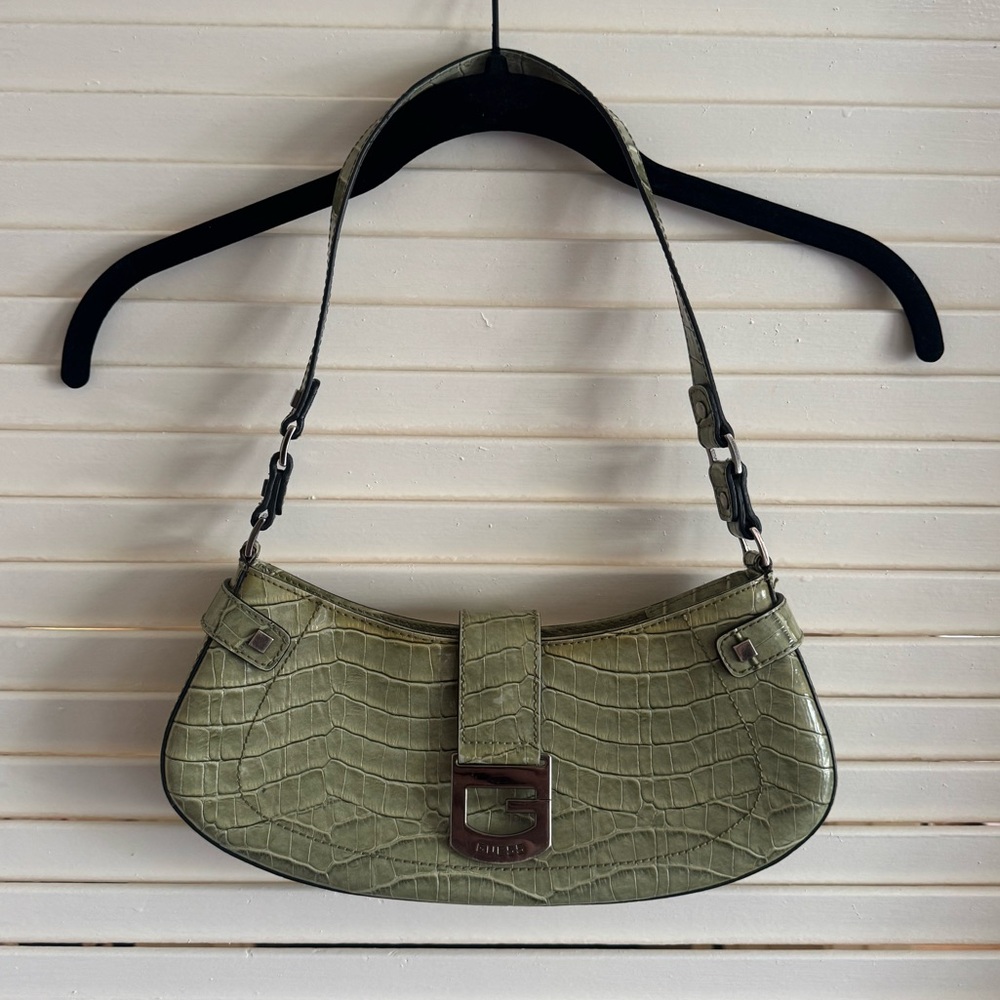 Olive green Guess embossed crocodile print shoulder bag